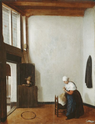 Interior com uma mulher penteando o cabelo de meninas, c.1662 (óleo sobre painel de carvalho) de Jacobus Vrel or Frel